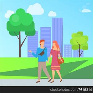 Man and woman walking in city park, portrait and full length view of couple in casual clothes, holding hands, dating of boyfriend and girlfriend vector. People Walking in Park, Dating of Couple Vector