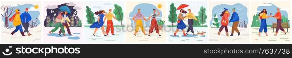Man and woman walking in rain vector. Couples strolling in summer and winter. People wearing warm clothes in winter, person walking dog. Thunderstorm and rainfall outdoors, characters. Various weather. Couples Walking in Different Weather Conditions