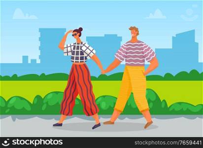 Man and woman walking in summer heat, couple holding hands and walks in park near city vector. Girl and guy on date on nature, boyfriend and girlfriend in love. Dating, lovers going out illustration. Couple Walking in Summer Heat at Urban City Park