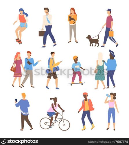 Man and woman walking outdoor set, portrait view of people character going or driving by bicycle and skateboard, walk in park friends together, sporty human vector. People Activity Outdoor, Walking Friends Vector