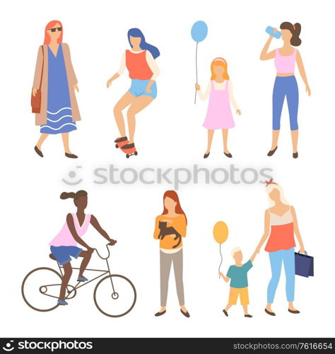 Man and woman walking outdoor set, portrait view of people character going or driving by bicycle and skateboard, friends together walk in park, sporty human vector. People Activity Outdoor, Walking Friends Vector