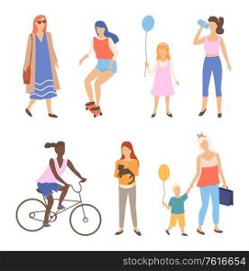 Man and woman walking outdoor set, portrait view of people character going or driving by bicycle and skateboard, friends together walk in park, sporty human vector. People Activity Outdoor, Walking Friends Vector