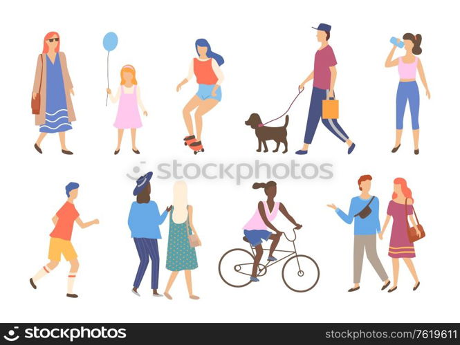 Man and woman walking outdoor set, portrait view of people character going or driving by bicycle and skateboard, friends together walk in park, sporty human vector. People Activity Outdoor, Walking Friends Vector