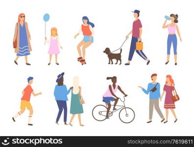 Man and woman walking outdoor set, portrait view of people character going or driving by bicycle and skateboard, friends together walk in park, sporty human vector. People Activity Outdoor, Walking Friends Vector