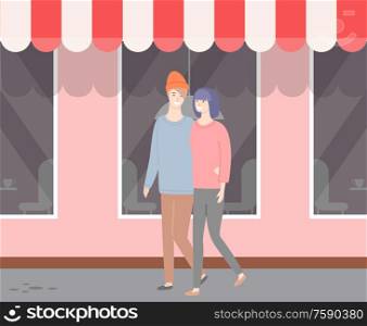 Man and woman walking slowly vector, street of city, couple enjoying time together, wife and husband affectionate people in love passing store window. Couple in Love Walking Along Show with Tent Roof