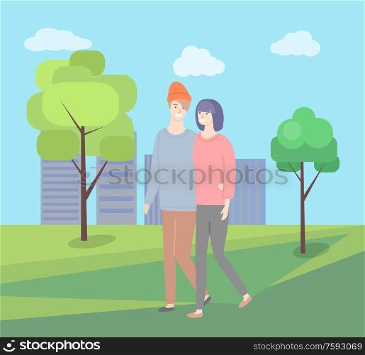 Man and woman walking together vector couple in green city park on background of skyscrapers. Girlfriend and boyfriend in casual cloth, people together. Man Woman Walking Together Vector Couple Outdoors