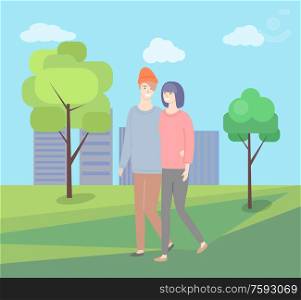 Man and woman walking together vector couple in green city park on background of skyscrapers. Girlfriend and boyfriend in casual cloth, people together. Man Woman Walking Together Vector Couple Outdoors