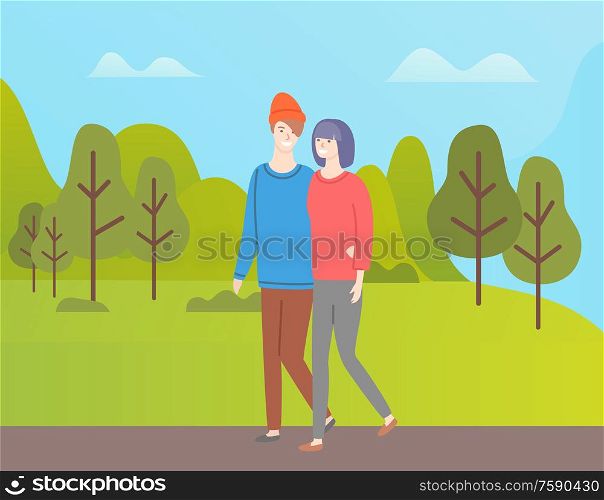 Man and woman walking vector couple in green spring forest. Girlfriend and boyfriend spend time together, people in love dating outdoors among trees. Man and Woman Walking Vector Couple, Spring Forest