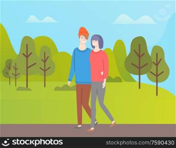 Man and woman walking vector couple in green spring forest. Girlfriend and boyfriend spend time together, people in love dating outdoors among trees. Man and Woman Walking Vector Couple, Spring Forest