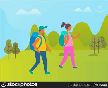 Man and woman walking with backpacks vector, couple of backpackers traveling. Spring summer park with trees and bushes, adventures of people vacation. Couple of Travelers, People Walking in Green Park
