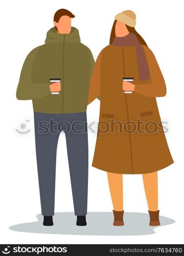 Man and woman walking with cups in hands together vector. Couple drinking coffee illustration, love relationship. People in warm clothes, flat style picture. Dating of two adults outdoor in autumn. People Drinking Coffee Together, Couple on Date