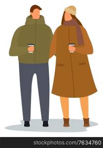 Man and woman walking with cups in hands together vector. Couple drinking coffee illustration, love relationship. People in warm clothes, flat style picture. Dating of two adults outdoor in autumn. People Drinking Coffee Together, Couple on Date