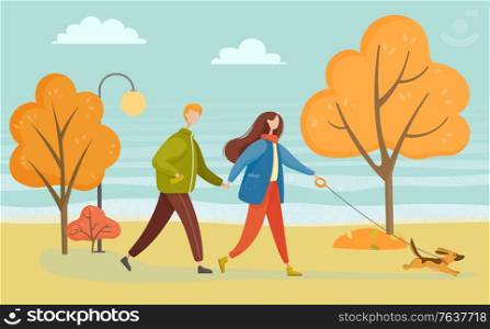 Man and woman walking with dog in autumn park. Couple activity day with domestic animal outdoor. Boyfriend and girlfriend wearing warm clothes going near trees and lamp, person in coat vector. People Walking with Dog in Autumn Park Vector