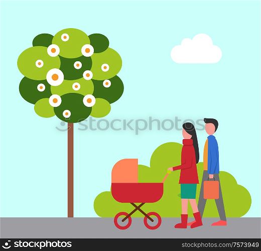Man and woman walking with pram, young parents. Flat view of green park, tree and bush, cloudy sky. Mother and father going outdoor with buggy vector. Man and Woman Walking with Pram, Parents Vector