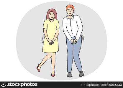 Man and woman want to pee. Couple suffer from urinary infection or health problem. Healthcare concept. Vector illustration.. Man and woman want to pee