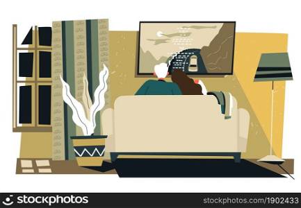 Man and woman watching movies sitting by tv screen on sofa. Male and female relaxing on weekends or in evening. Couple spending romantic day at home together looking at series. Vector in flat style. People sitting by television home couple in love