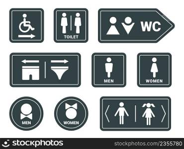 Man and woman wc, bathroom or restroom sign with arrows. Disabled person wc icon. Toilet design with underpants, gender pictogram vector set. Female and male gender closet direction. Man and woman wc, bathroom or restroom sign with arrows. Disabled person wc icon. Toilet design with underpants, gender pictogram vector set