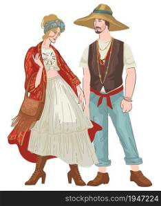 Man and woman wearing bohemian clothes, stylish characters in shirts and oversized clothing. Boho fashion and trends for males and females. Summertime seasonal outerwear. Vector in flat style. Bohemian couple man and woman wearing clothes