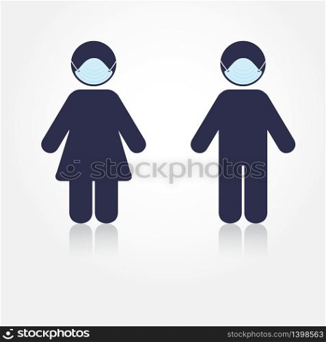 Man and woman wearing mask to prevent corona virus. Vector illustration in flat style isolated on white background. Man and woman wearing mask to prevent corona virus vector illustration in flat style isolated on white background