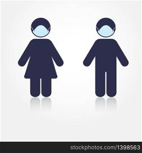 Man and woman wearing mask to prevent corona virus. Vector illustration in flat style isolated on white background. Man and woman wearing mask to prevent corona virus vector illustration in flat style isolated on white background