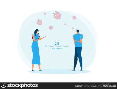 man and woman wearing medical mask and social distancing concept vector illustration.