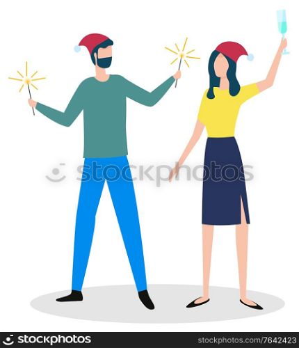 Man and woman wearing Santa Claus hats vector. Isolated characters celebrating winter holidays. Lady holding glass of champagne meeting christmas and new year. Couple or friends in flat style. Couple Celebrating Winter Holidays Together Vector