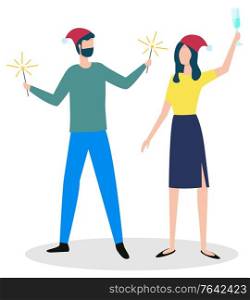 Man and woman wearing Santa Claus hats vector. Isolated characters celebrating winter holidays. Lady holding glass of champagne meeting christmas and new year. Couple or friends in flat style. Couple Celebrating Winter Holidays Together Vector