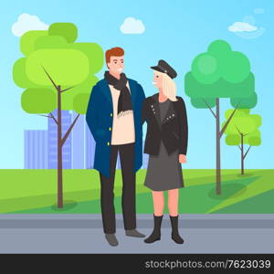 Man and woman wearing stylish clothes walking in park vector, spring forest with trees and greenery. Couple with hat and scarves, nature outdoors. People Walking in Park in Spring Couple Weekends