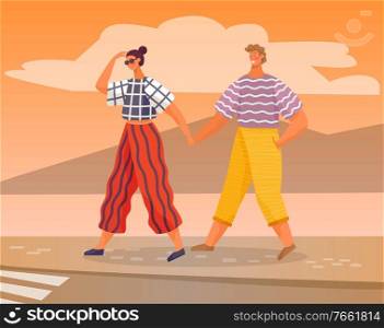 Man and woman wearing summer fashionable clothes walking outdoors in hot season. Couple holding hands traveling crossing road or street. Tourists in love, romantic pair on weekends, vector in flat. Couple Walking in Summer Season People on Vacation