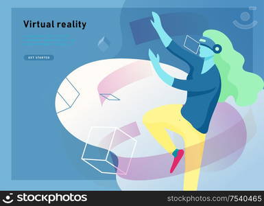 Man and woman wearing virtual reality headset and looking at abstract sphere. Colorful vr world. Virtual augmented reality glasses concept with people learning and entertaining. Landing page template. Virtual augmented reality glasses concept with people learning and entertaining. Landing page template.