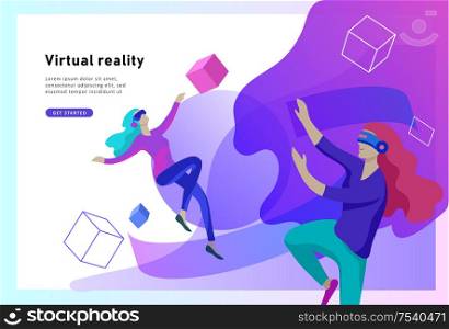 Man and woman wearing virtual reality headset and looking at abstract sphere. Colorful vr world. Virtual augmented reality glasses concept with people learning and entertaining. Landing page template. Virtual augmented reality glasses concept with people learning and entertaining. Landing page template.