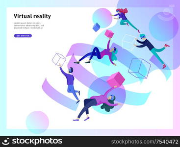 Man and woman wearing virtual reality headset and looking at abstract sphere. Colorful vr world. Virtual augmented reality glasses concept with people learning and entertaining. Landing page template. Virtual augmented reality glasses concept with people learning and entertaining. Landing page template.