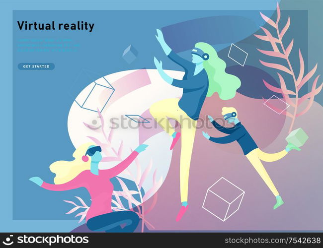 Man and woman wearing virtual reality headset and looking at abstract sphere. Colorful vr world. Virtual augmented reality glasses concept with people learning and entertaining. Landing page template. Virtual augmented reality glasses concept with people learning and entertaining. Landing page template.