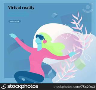 Man and woman wearing virtual reality headset and looking at abstract sphere. Colorful vr world. Virtual augmented reality glasses concept with people learning and entertaining. Landing page template. Virtual augmented reality glasses concept with people learning and entertaining. Landing page template.