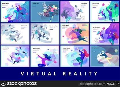 Man and woman wearing virtual reality headset and looking at abstract sphere. Colorful vr world. Virtual augmented reality glasses concept with people learning and entertaining. Landing page template. Man and woman wearing virtual reality headset and looking at abstract sphere. Colorful vr world. Virtual augmented reality glasses concept with people learning and entertaining