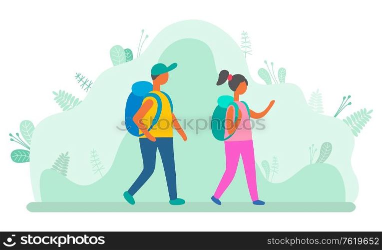 Man and woman with backpacks walking on background of green leaves and bushes. Vector cartoon people on hiking or camping tour, male and female in touristic hike. Man and Woman with Backpacks Walking, Green Leaves