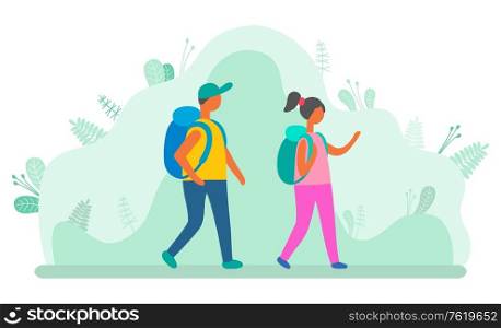 Man and woman with backpacks walking on background of green leaves and bushes. Vector cartoon people on hiking or camping tour, male and female in touristic hike. Man and Woman with Backpacks Walking, Green Leaves