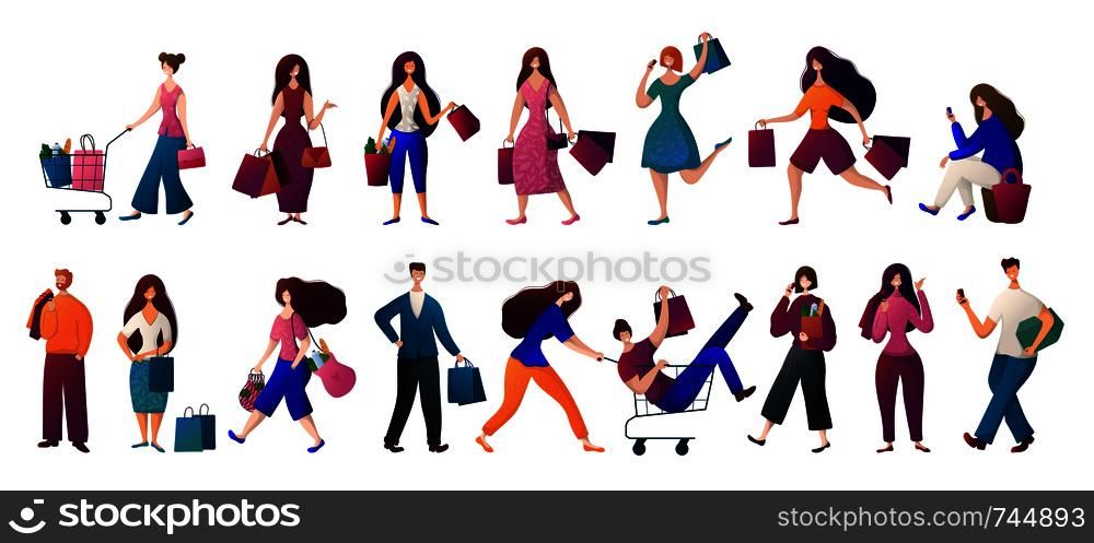 Man and woman, with bags doing shopping. People carries shopping bags, seasonal sale in shop, market, store. Cartoon characters on white background. Vector, flat style.. People-Shopping-Concept
