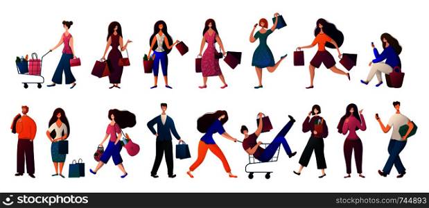 Man and woman, with bags doing shopping. People carries shopping bags, seasonal sale in shop, market, store. Cartoon characters on white background. Vector, flat style.. People-Shopping-Concept