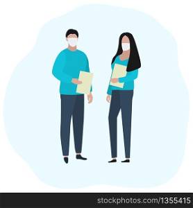 Man and woman with documents in medical masks. Fashion trendy illustration, flat design. Pandemic and epidemic of coronavirus in the world.. Man and woman with documents in medical masks. Fashion trendy illustration, flat design. Pandemic and epidemic of coronavirus in the world