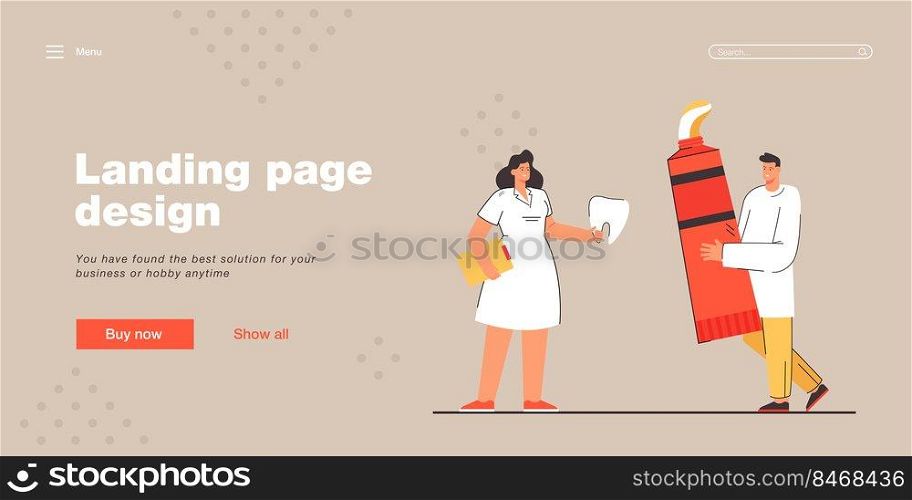Man and woman with giant toothpaste and tooth. Flat vector illustration. Tiny dentist holding posterior tooth and male character with tube of paste. Dentistry, health, medicine, care concept for design