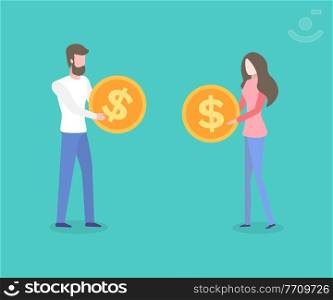 Man and woman with golden coins in hands isolated financial partners. Vector cartoon characters making investments, increasing income and financial profit. Man and Woman with Golden Coins in Hands Isolated