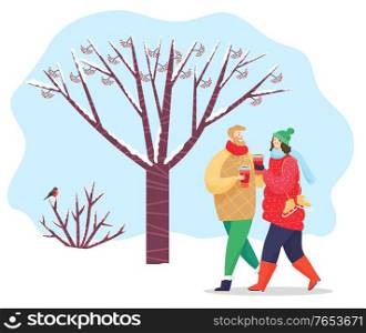 Man and woman with hot beverages walking in winter park. People wearing warm clothes returning home from skating rink. Couple ir friends talking while strolling in cold forest. Vector in flat style. Couple or Friends Walking in Winter Park Vector