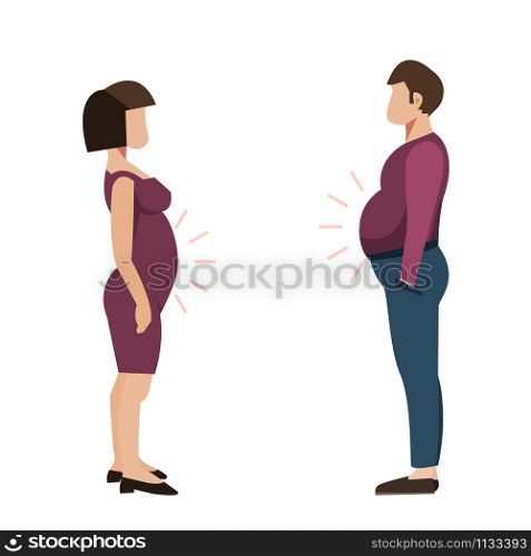 Man and woman with large belly in profile. Male abdominal obesity, illustration