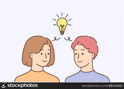 Man and woman with lightbulb above head generate business idea together. Employees team brainstorm develop problem solution. Teamwork. Vector illustration. . Man and woman with lightbulb generate idea 