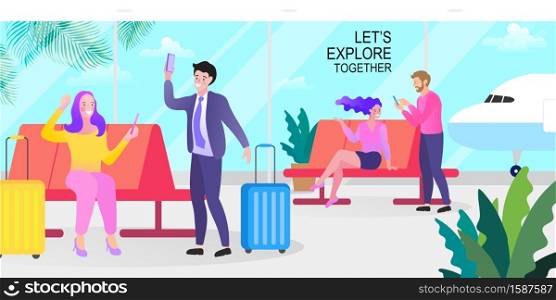 Man and Woman with Luggage Waiting Takeoff in Airport Departure Hall Lounge. flat cartoon vector illustration.