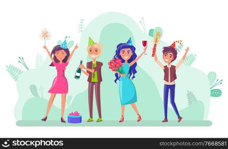 Man and woman with presents and festive mood vector. Happy birthday celebration, woman with bouquet of roses man with confetti wine glass alcohol. Birthday Celebration People with Presents Gifts