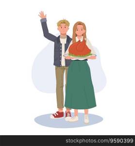 Man and Woman with Roasted Turkey. Festive Thanksgiving Meal. Flat vector cartoon illustration