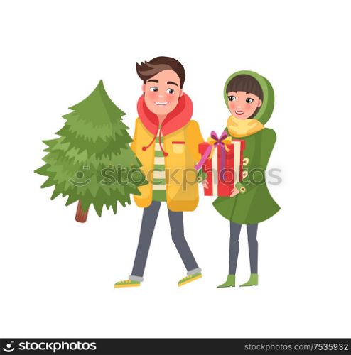 Man and woman with spruce isolated vector. Merry couple returns from shopping, Christmas tree and packages. Happy Young family getting ready to Xmas eve. Man and Woman Spruce Isolated Vector, Merry Couple