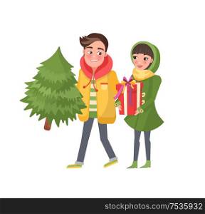 Man and woman with spruce isolated vector. Merry couple returns from shopping, Christmas tree and packages. Happy Young family getting ready to Xmas eve. Man and Woman Spruce Isolated Vector, Merry Couple